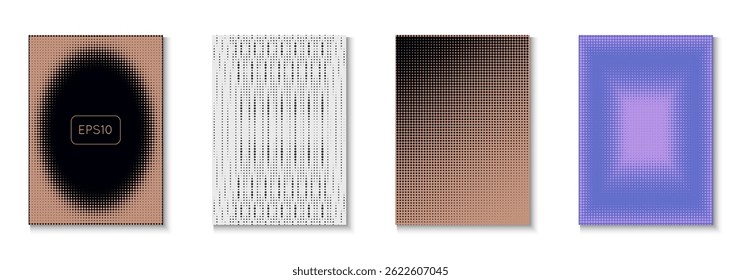 Halftone Cover Set. Modern Shapes In Tech Layout. Flat Invitation With Geometric Frame. Business Flyer. Minimalist Wave Pattern. Geometric Graphic Template. Trendy Halftone Cover
