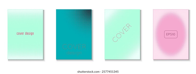 Halftone Cover Set. Summer Art In Minimal Design. Futuristic Elements On Flat Page. Dot Flyer. Minimalist Book Poster. Geometric Line Pattern. Trendy Halftone Cover