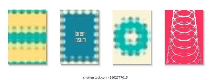 Halftone Cover Set. Summer Circles With Modern Art. Linear Shapes For Brand Folder. Party Flyer. Minimalist Dot Template. Geometric Abstract Texture. Trendy Halftone Cover