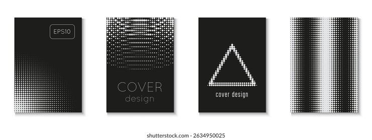 Halftone Cover Set. Wave Poster. White Brand Template. Modern Shapes In Tech Layout. Linear Shapes For Brand Folder. Line White And Black  Flyer. Black Halftone Cover