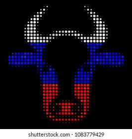 Halftone Cow Head icon colored in Russian official flag colors on a dark background. Vector composition of cow head icon constructed of round blots.