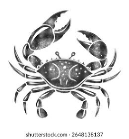 Halftone crab illustration in vintage engraving style isolated on white background, retro marine animal vector art for seafood and nautical designs