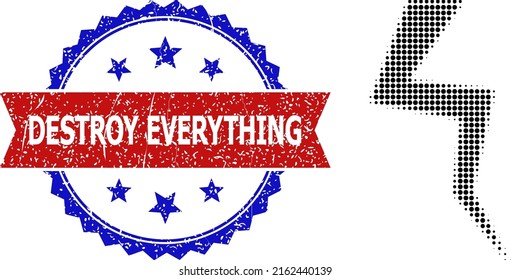 Halftone crack icon, and bicolor scratched Destroy Everything seal stamp. Halftone crack icon is designed with small round elements. Vector seal with scratched bicolored style,