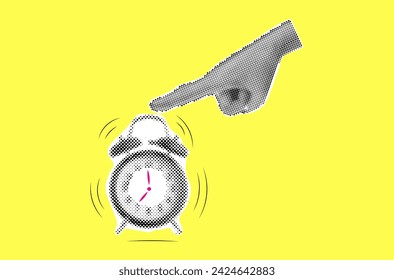 Collage creativo de semitonos de brazo humano botón de presión de trabajo de la mañana despertar. Concepto de la próxima fecha límite. Ilustración de vector
