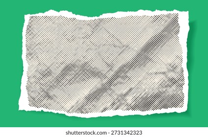 Halftone crumpled paper,  dotted frame. Retro groovy comic texture on colored backgraund. Torn page with uneven edge. Cool backdrop with text box for collage, presentation, flyer. Vector EPS10