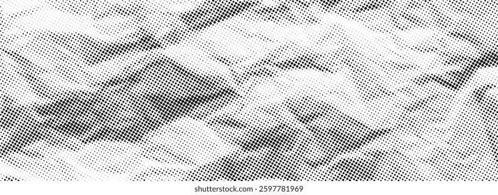 Halftone crumpled paper texture. Old creased paper page wallpaper. Dotted rough wrinkled background. Comic pop art grainy overlay. Aged damaged gritty sheet in cartoon style. Vector crumpled surface