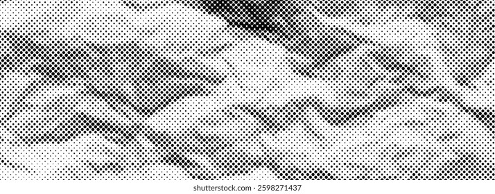 Halftone crumpled paper texture. Old creased paper page wallpaper. Dotted rough wrinkled background. Comic pop art grainy crumpled overlay. Aged damaged gritty sheet surface in cartoon style. Vector