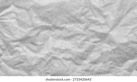Textura de papel amassado meio tom. Superfície branca pontilhada áspera e enrugada. Fundo de folha vincada preta no estilo pop-art cômico. Dobras granuladas e detalhes angustiados para design vetorial retro.