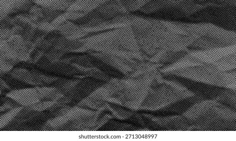 Textura de papel amassado de meio-tom com uma superfície pontilhada, áspera e enrugada. Fundo de folha preto dobrado em estilo pop-art cômico, com dobras granuladas e detalhes aflitivos arenosos.	