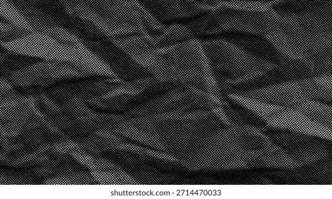 Textura de papel arrugada de semitono con una superficie blanca punteada, áspera y arrugada. Fondo de hoja arrugada negra en estilo cómico pop-art, con pliegues granulados y detalles afligidos arenosos.	