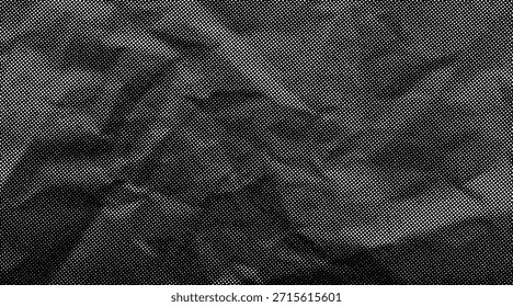 Textura de papel arrugada de semitono con una superficie blanca punteada, áspera y arrugada. Fondo de hoja arrugada negra en estilo cómico pop-art, con pliegues granulados y detalles afligidos arenosos.	