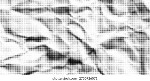 Textura de papel amassado de meio-tom com uma superfície pontilhada, áspera e enrugada. Fundo de folha preto dobrado em estilo pop-art cômico, com dobras granuladas e detalhes aflitivos arenosos.