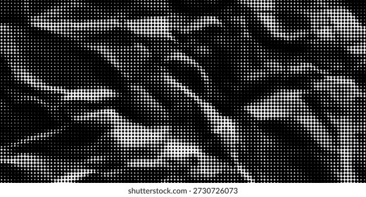 Halftone crumpled paper texture with wite a dotted, rough, and wrinkled surface. Black creased sheet background in comic pop-art style, featuring grainy folds and gritty distressed details.