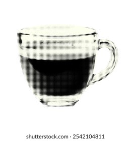 Xícara de café de meio-tom isolado no fundo branco. Ícone preto pontilhado de café. Design moderno de meio-tom. Ilustração vetorial.