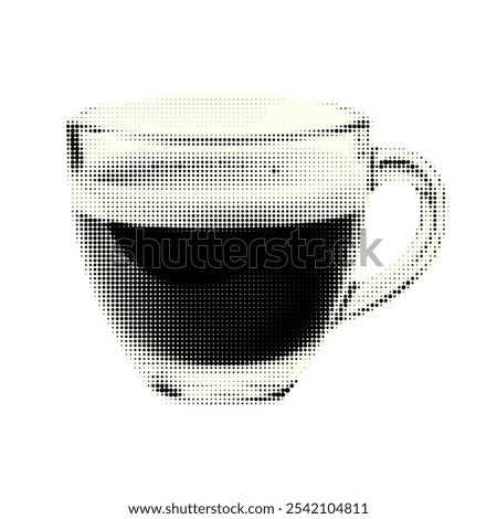 Halftone cup of coffee isolated on white background. Black dotted coffee icon. Modern halftone design. Vector illustration.