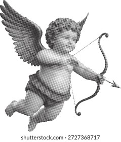 Halftone cupid with bow and arrow, isolated on white background.