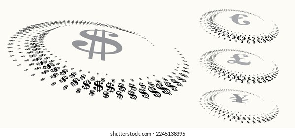 Halftone currency sign in spiral form. Round logo or icon. Vector frame as design element. Dollar, pound, euro, yen symbols.