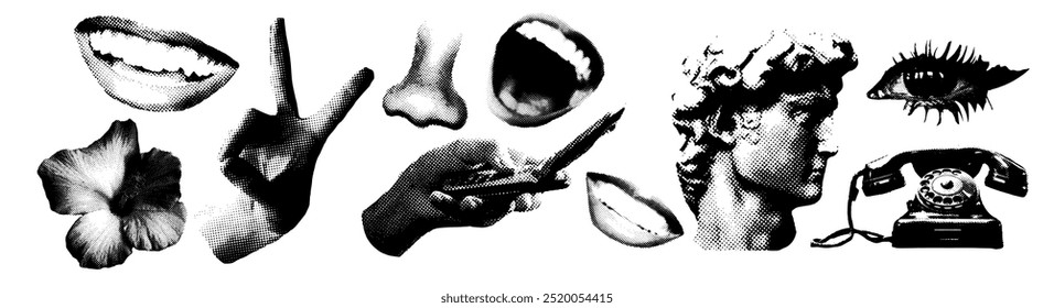 Halftone cut out eyes, mouth, lips from newspaper. Collage element of paper for poster, stickers, banner. Cutting shapes grunge vintage face part. Abstract vector set