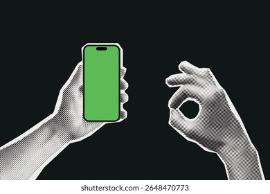 Ilustração de corte de meio-tom de uma mão segurando um smartphone com uma tela verde. Ideal para modelos, design de interface do usuário, apresentação de aplicativos ou visuais técnicos personalizáveis. Colagem de pop art retrô 