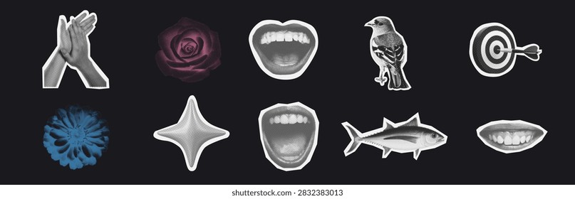 Halftone Cutout Pop Art Objects Set, Four Point Star, Blue Chrysanthemum Flower, Open Mouth With Teeth, Fresh Fish, Smiling Lips, Praying Hands Gesture, Pink Rose Flower, Open Mouth Smile