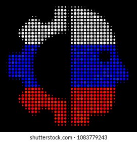 Halftone Cyborg Head icon colored in Russia state flag colors on a dark background. Vector mosaic of cyborg head icon done with circle elements.