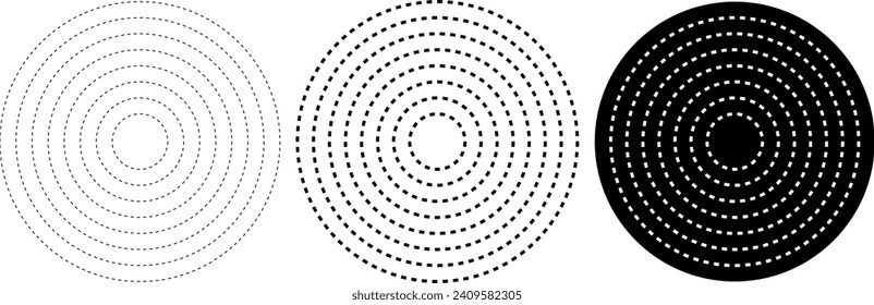 Halftone dash circle element. Radial, radiating dash lines. Circular, concentric circles