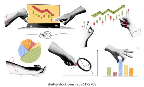 Halftone data analysis and statistics collage set. punk collage design with hand drawn elements for poster in trendy halftone style Business data and market concept