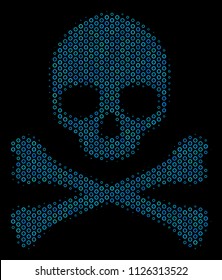 Halftone Death skull collage icon of circle elements in blue color hues on a black background. Vector circle bubbles are united into death skull collage.
