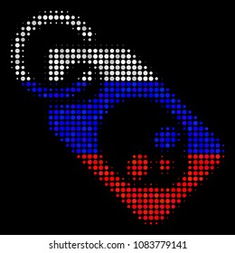 Halftone Death Skull Tag icon colored in Russian state flag colors on a dark background. Vector concept of death skull tag icon composed of circle pixels.
