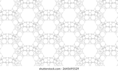 Arte de línea delicada de semitono de marcos hexagonales interconectados con círculos perfectamente inscritos en una composición geométrica mínima. Vector