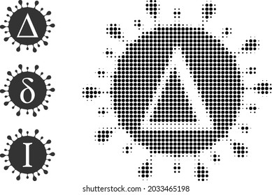 Delta coronavirus de semitono. Coronavirus delta punteado hecho con pequeños puntos de círculo. Ilustración vectorial del icono del coronavirus delta sobre un fondo blanco. La matriz de semitono contiene elementos de círculo.