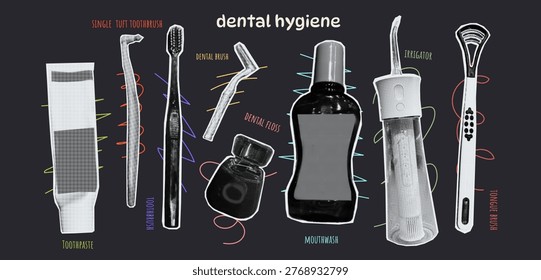 Halftone dental care collage featuring toothpaste, floss, toothbrushes, mouthwash, irrigator, and tongue brush on a dark background, ideal for health, hygiene, and educational design