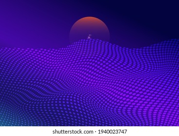 Halftone design element motion effect for wallpaper design . Abstract colorful halftone background with dynamic waves. Warp dots surface. Vector illustration in blue and purple colors