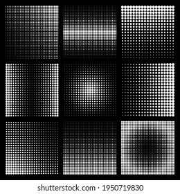 Halftone design elements with white dots on black background. Comic dotted pattern. Vector illustration.