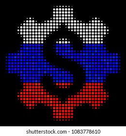 Halftone Development Cost icon colored in Russia state flag colors on a dark background. Vector concept of development cost icon made from circle items.