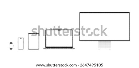 Halftone Device Outline Set — Watch, Phone, Tablet, Laptop, Monitor
