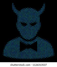 Halftone Devil composition icon of spheres in blue color tones on a black background. Vector round spheres are united into devil composition.