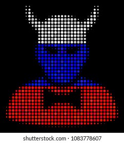 Halftone Devil pictogram colored in Russia official flag colors on a dark background. Vector concept of devil icon combined of round spots. Designed for political and Russian patriotic propaganda.
