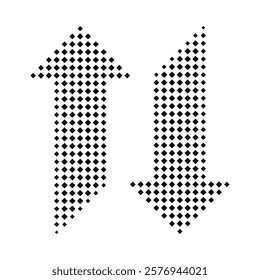 Halftone diagonal squares up-down arrows. A vertical black direction symbol. Isolated on a white background.