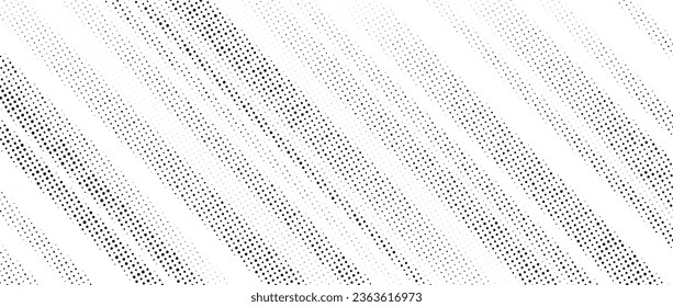 Halftone diagonal stripe texture. White and black oblique faded gradient. Grunge slanted lines background. Abstract pop art and comic wallpaper. Dotted noise backdrop. Vector illustration