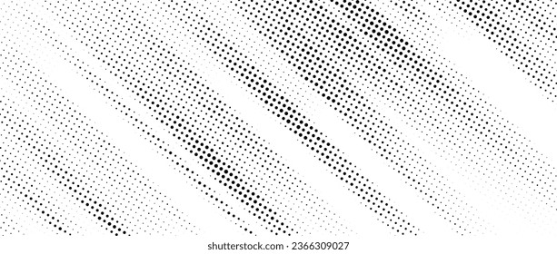 Halftone diagonal striped texture. Black and white dotted oblique faded gradient. Grunge noise slanted lines background. Abstract pop art and comic wallpaper. Vector pixelated grain backdrop