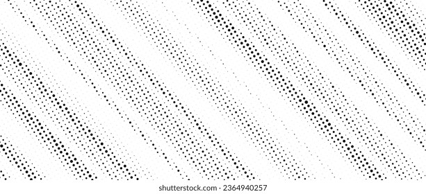 Halftone diagonal striped texture. White and black dotted oblique faded gradient. Grunge noise slanted lines background. Abstract pop art and comic wallpaper. Vector pixelated backdrop 