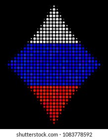 Halftone Diamonds Suit pictogram colored in Russian state flag colors on a dark background. Vector concept of diamonds suit icon done from circle elements.