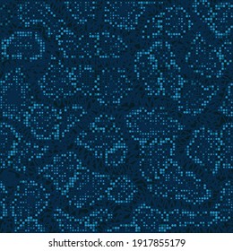 Halftone digital camouflage. The skin of a chameleon or snake. Dot pattern in dark blue tones, camo background. Seamless vector texture