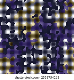 Halftone digital colored camouflage. LED screen pattern in yellow and purple tones, camo grid, polka dot background. Seamless vector texture