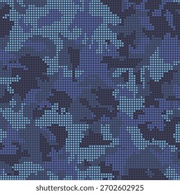 Camuflaje azul marino digital semitono. Patrón de puntos en tonos azul oscuro, fondo de cuadrícula de camuflaje. Textura sin costuras. Fondo de pantalla de Vector