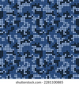 Halftone digital navy camouflage.  LED screen pattern in dark blue tones, camo grid, polka dot background. Seamless vector texture