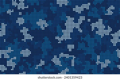 Halftone digital navy camouflage. LED screen pattern in dark blue tones, camo grid, polka dot background. Seamless vector texture