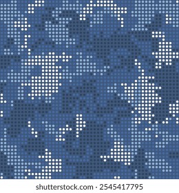 Halftone digital navy camouflage.  LED screen pattern in blue tones, camo grid, polka dot background. Seamless vector texture
