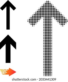 Flecha de dirección de tono medio hacia arriba. Flecha de dirección hacia arriba con puntos redondos pequeños. Ilustración vectorial del icono de flecha hacia arriba en un fondo blanco. La matriz de semitono contiene elementos redondos.